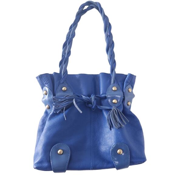 Michael Rome Designs Blue Pebbled Leather Shoulder Bag, Tassels, Twisted Handles - Picture 1 of 9